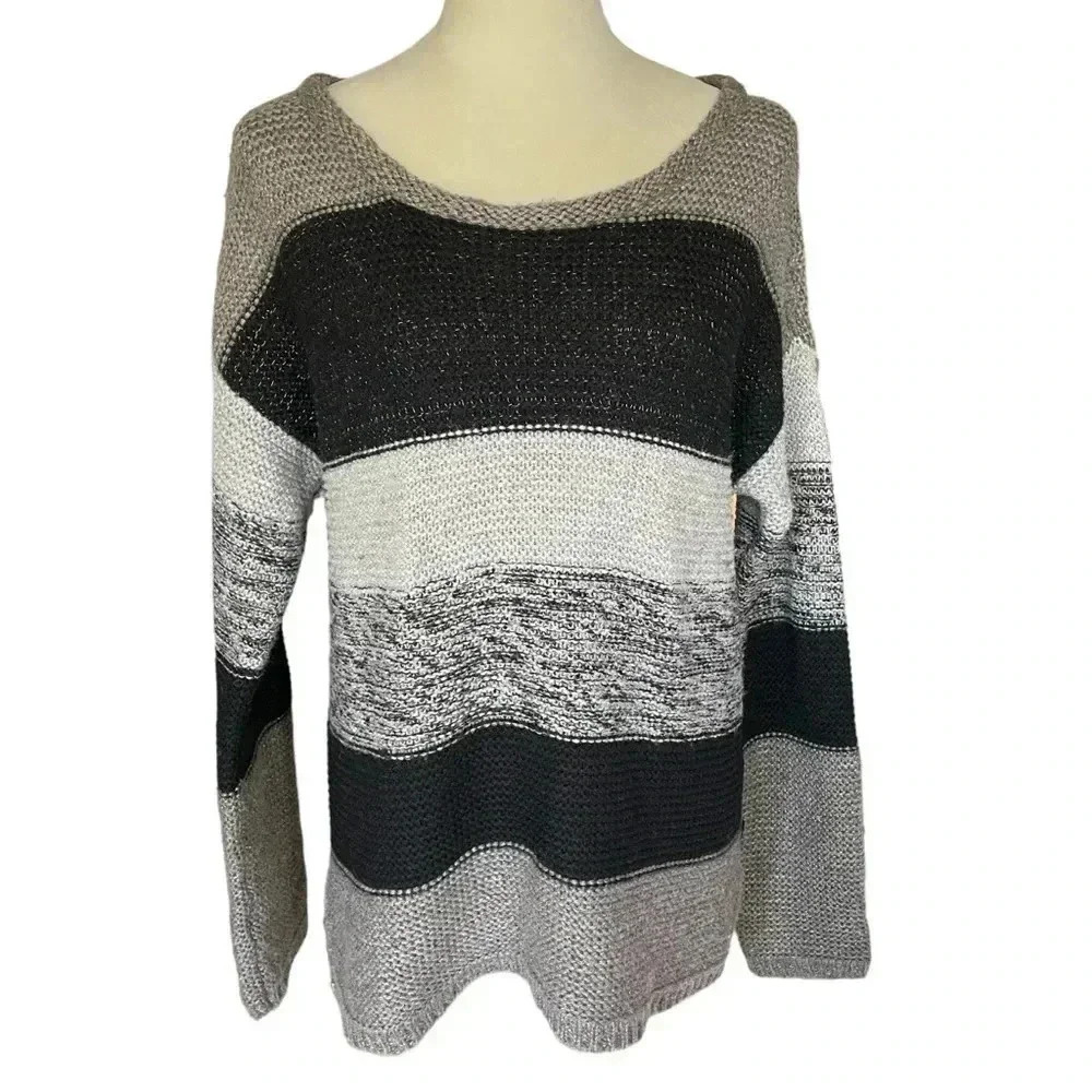 Calvin Klein Stripes Cable Knit Pullover Oversized Sweater Crew Neck Women Sz M